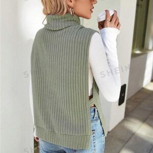 SHEIN Essnce Turtleneck Ribbed Knit Split Hem Tank Top Without Tee